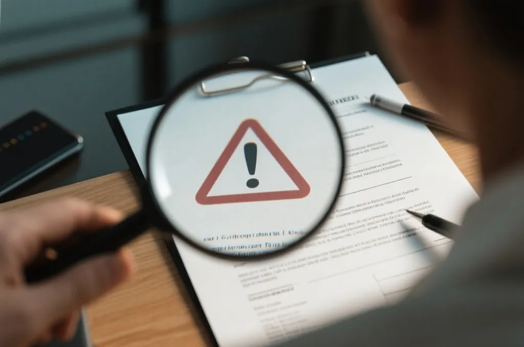 放大镜聚焦在警示符号和合同旁的场景