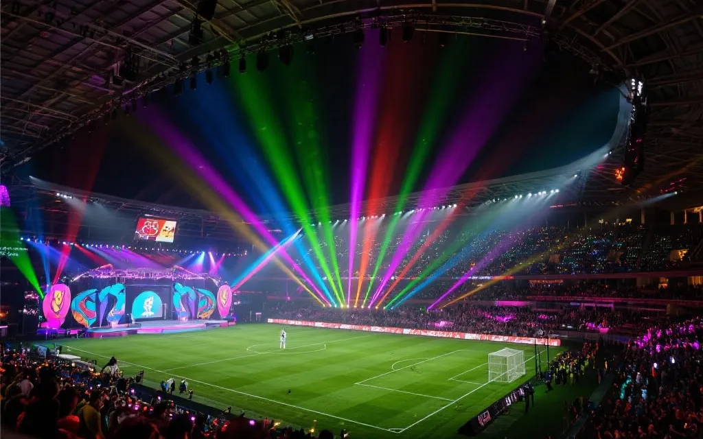 世界杯开幕式灯光舞美与看台人浪的氛围画面