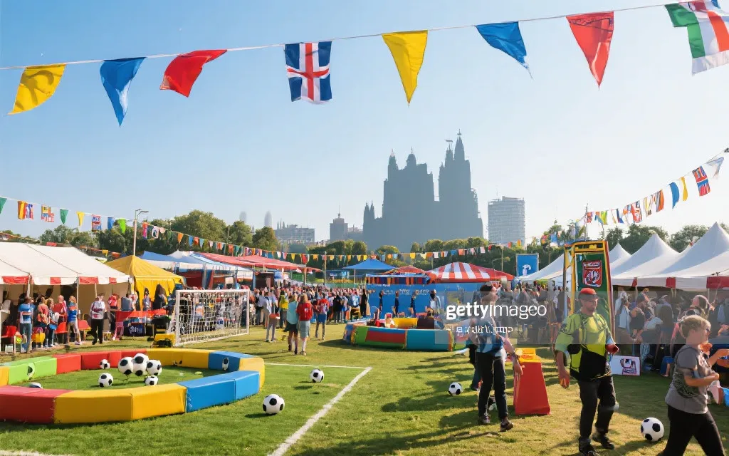 球迷村互动区与城市地标同框，白天的旅行与足球元素结合